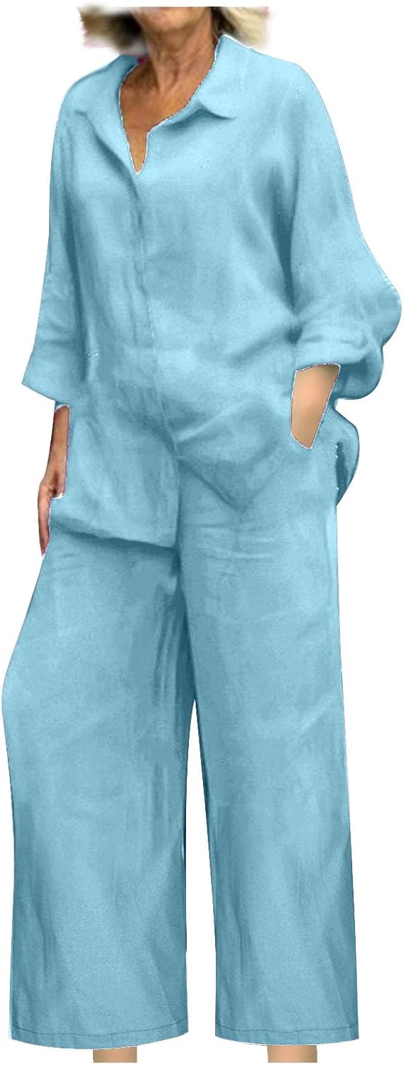 Two Piece Sets for Women Cotton Linen Lounge Set Long Sleeve Henley Shirt and Wide Leg Pants Matching Sets Outfits