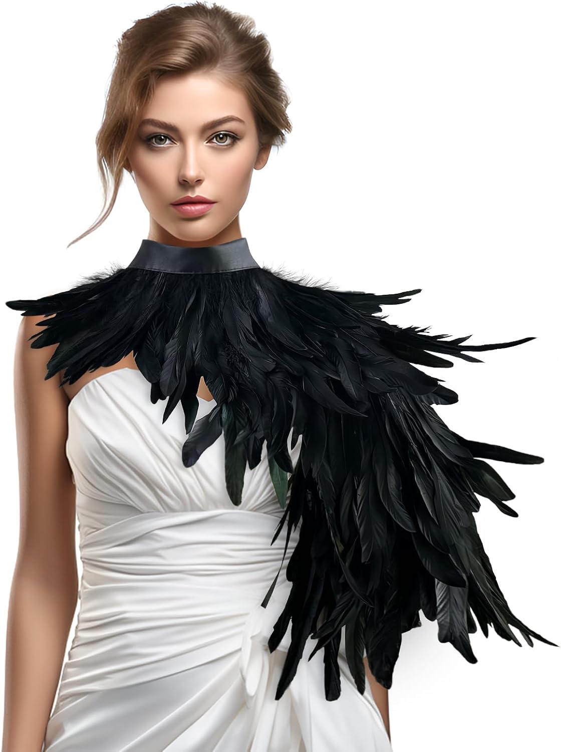 Black Feather Shawl for Women Masquerade Witch Wings Cape Halloween Maleficent Costume Collar Accessories