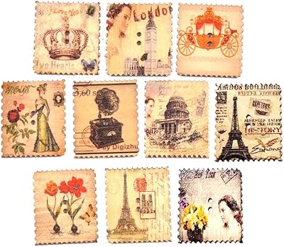 30pcs British style vintage wooden stamp buttons, iron tower flowers jewelry buckles