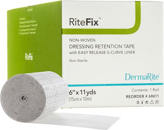 DermaRite's RiteFix Non-Woven Dressing Retention Tape - Hypoallergenic Adhesive, Easy Release S-Curve Liner - 6 in. x 11 yds., 1 Roll