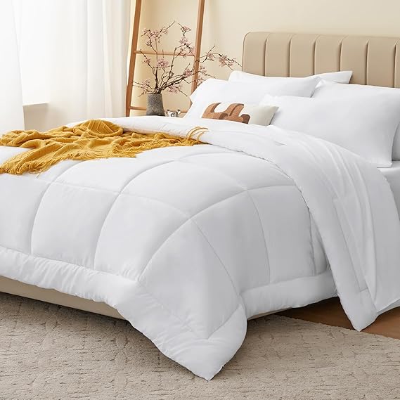 CozyLux Queen Comforter Set White, 7 Pieces Bed in a Bag, White Comforters Queen Size, All Season Bedding Sets with Stitch Quilted Comforter, Flat Sheet, Fitted Sheet, Pillowcases